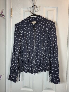 LOFT Navy Floral Bomber Jacket Lightweight Zip-Up Casual Chic Size S